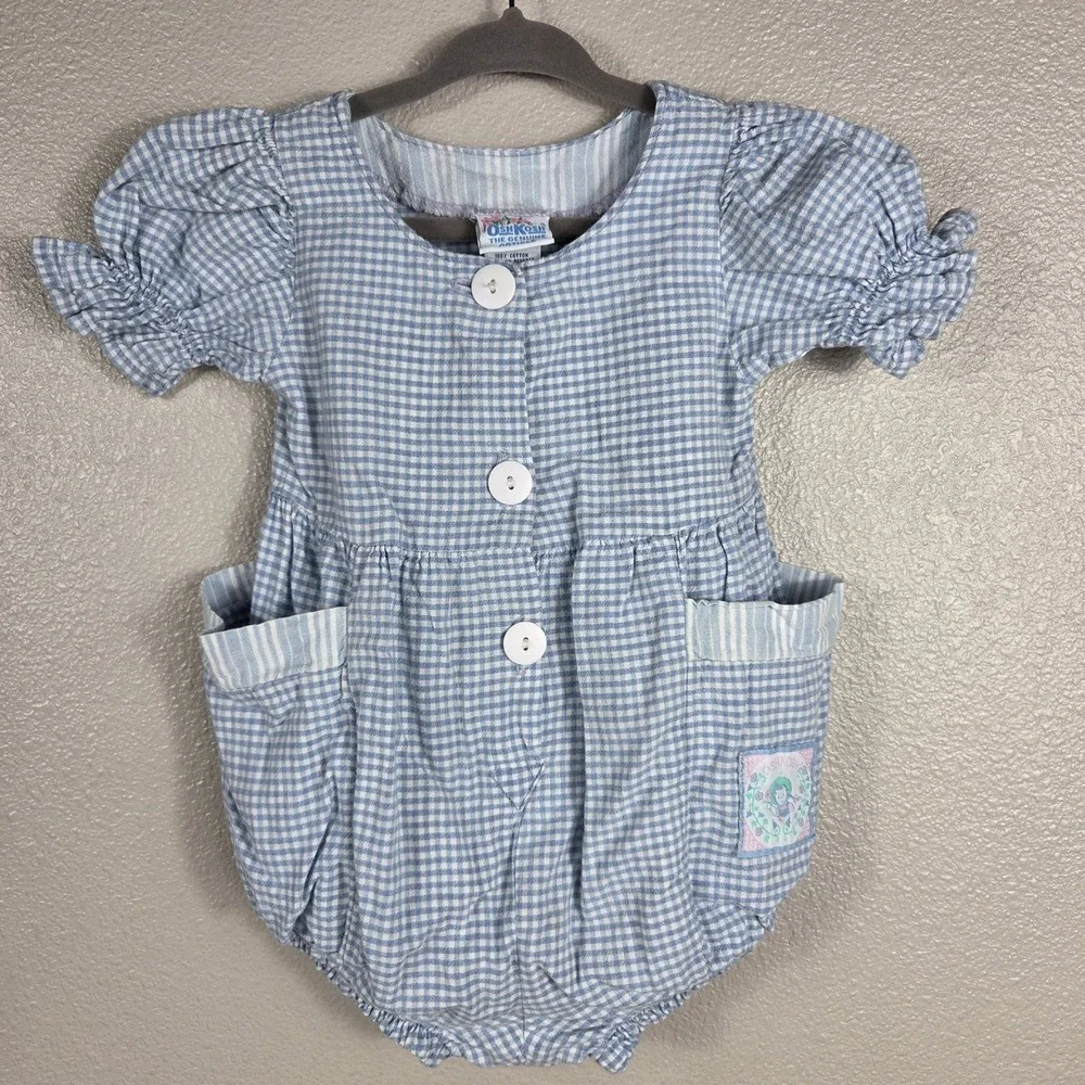 Vintage OshKosh B'Gosh Baby Bubble Romper Blue Gingham USA 12M Puff Sleeve